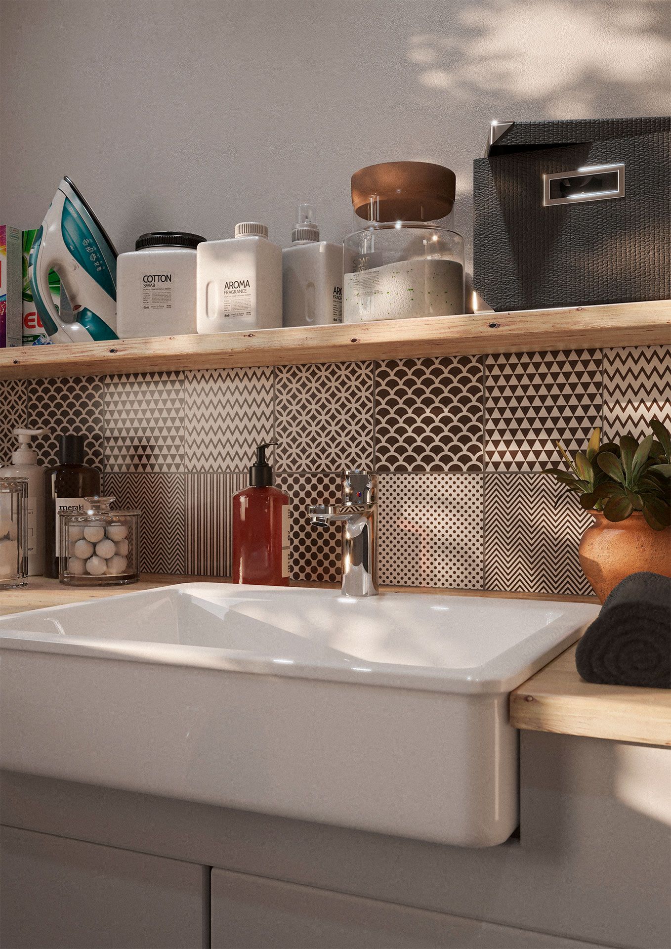 Un lavadero con un fregadero y un estante lleno de productos de limpieza.