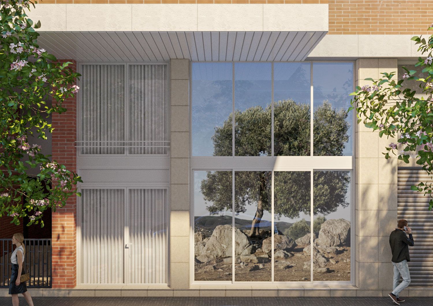 Impresión artística de un edificio con árboles reflejados en las ventanas.