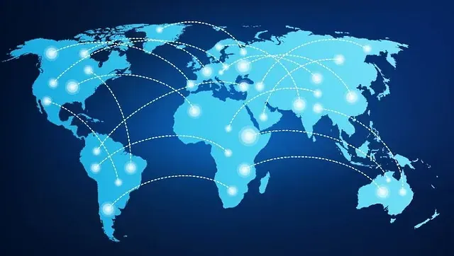 Un mapa azul del mundo con puntos blancos.