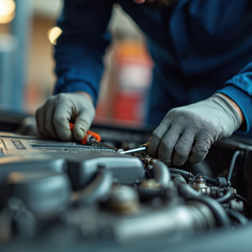 Un mécanicien en uniforme bleu avec des gants de travail utilise un tournevis pour effectuer l'entretien d'un moteur de voiture.