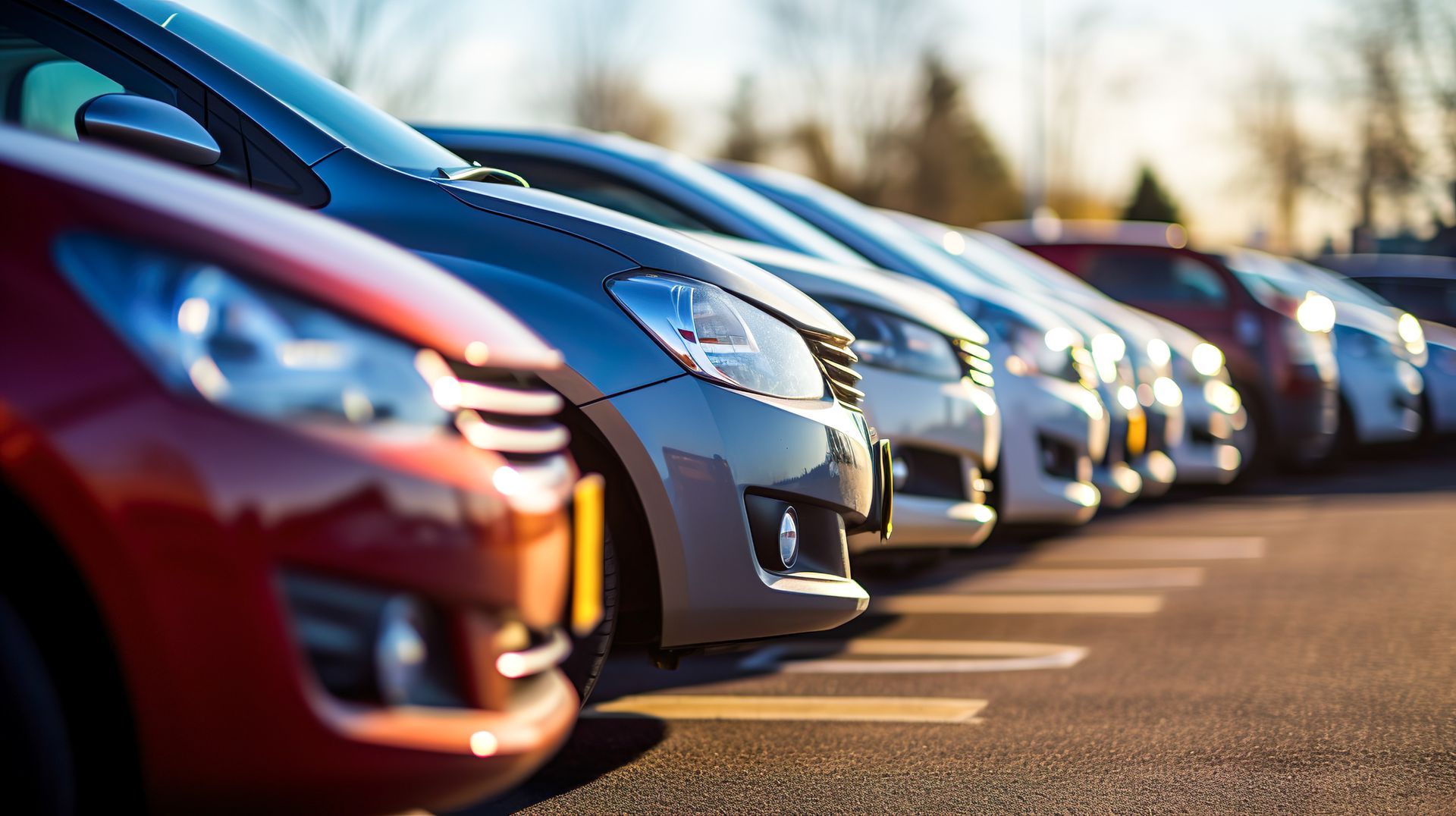Une rangée de voitures garées sur un parking, le regard se portant sur un véhicule rouge vif au premier plan et une file d'autres voitures derrière.