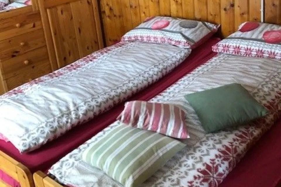 Zwei Einzelbetten mit dekorativer Bettwäsche und Kissen in einem Holzzimmer.