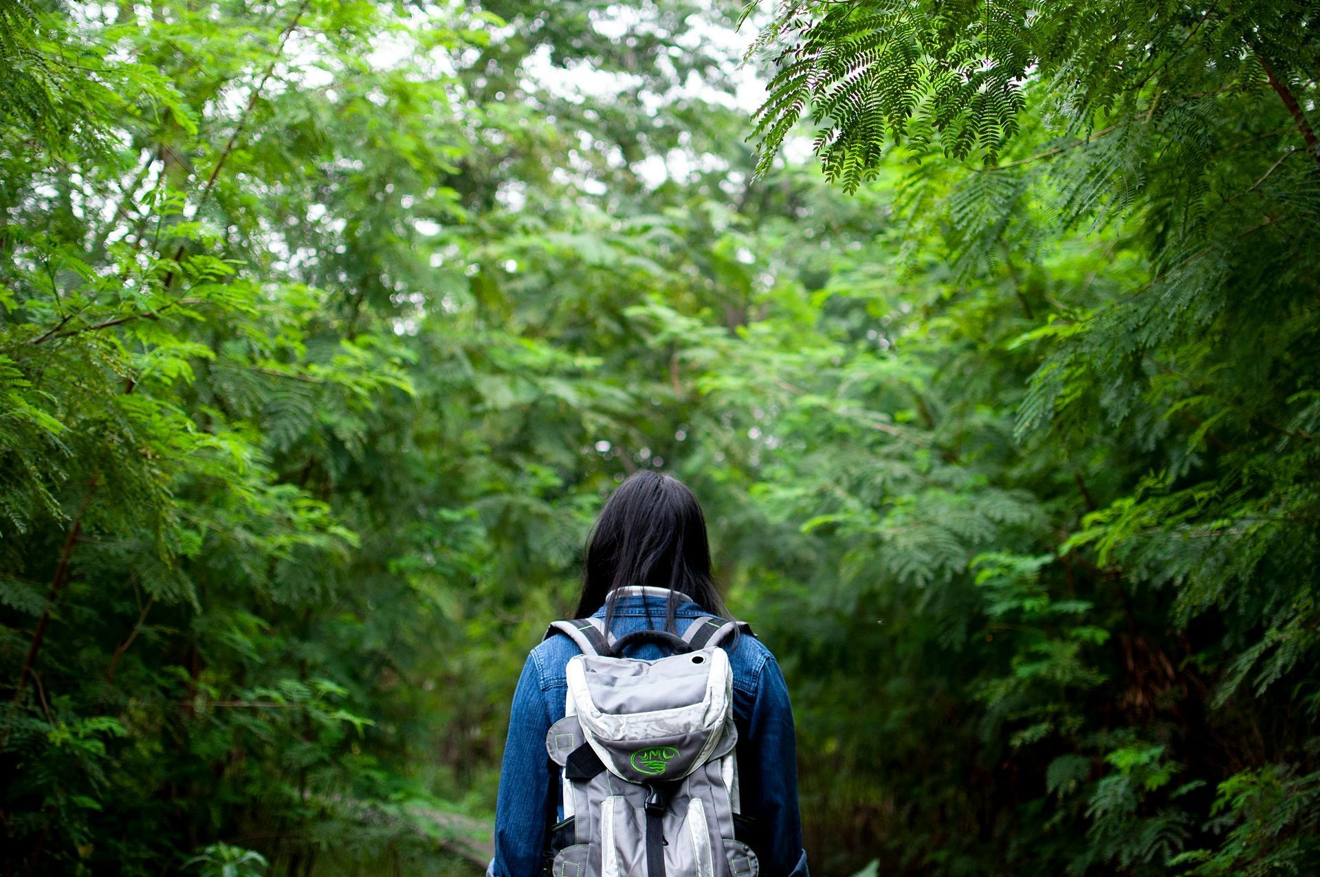 Woman walking through forest