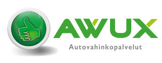 AWUX-logo, jossa vihreä peukku ylös -kuvake ja harmaa iskulause ”Autovahinkopalvelut”