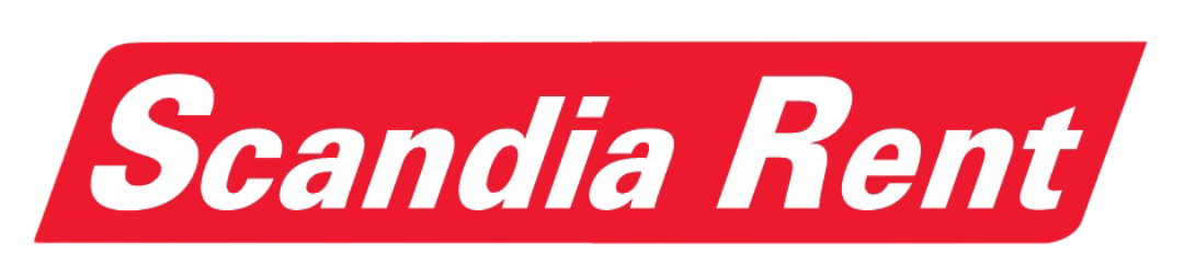 Scandia Rent -logo valkoisella kursiivilla punaisella bannerilla