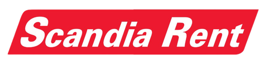 Scandia Rent -logo valkoisella kursiivilla punaisella bannerilla