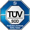 Un cartel azul y blanco que dice tuv sud producción monitoreada seguridad probada.