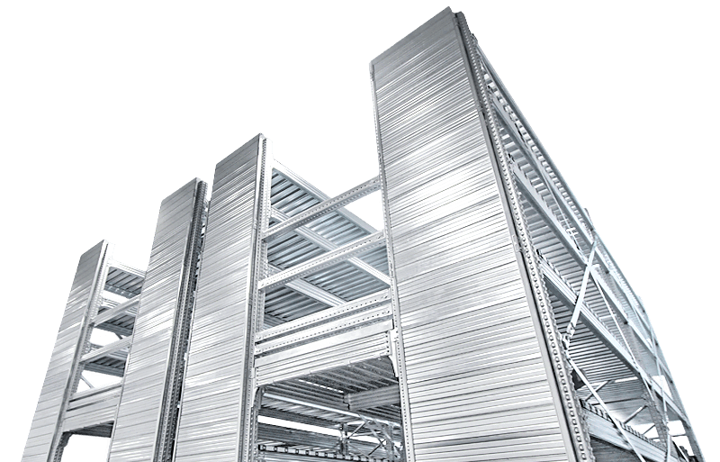 Un gran edificio de metal con escaleras que conducen a él sobre un fondo blanco.