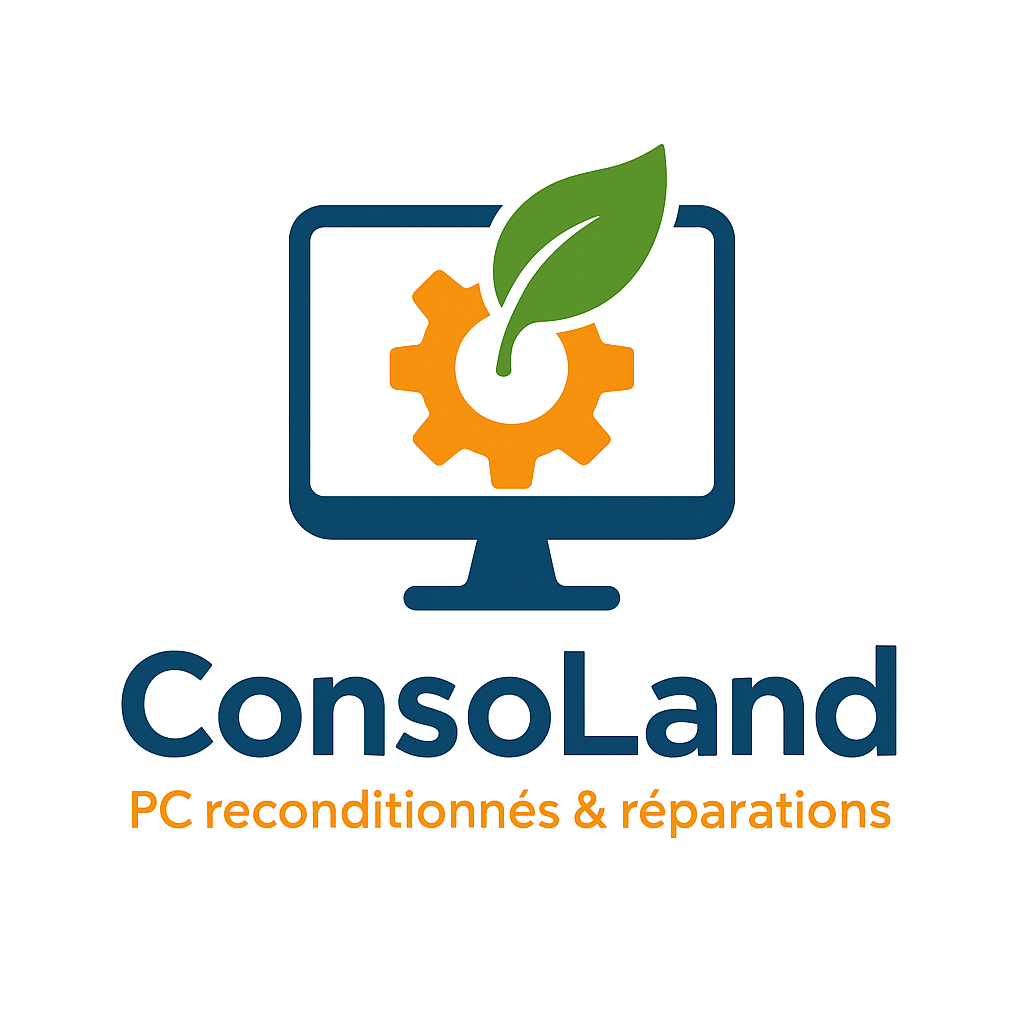 Logo de CONSOLAND : Écran d'ordinateur bleu avec engrenage et feuille