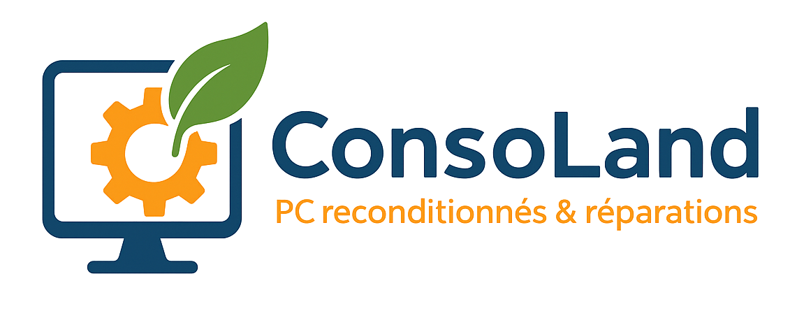 Logo : Écran d'ordinateur bleu avec engrenage et feuille