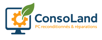 Logo : Écran d'ordinateur bleu avec engrenage et feuille