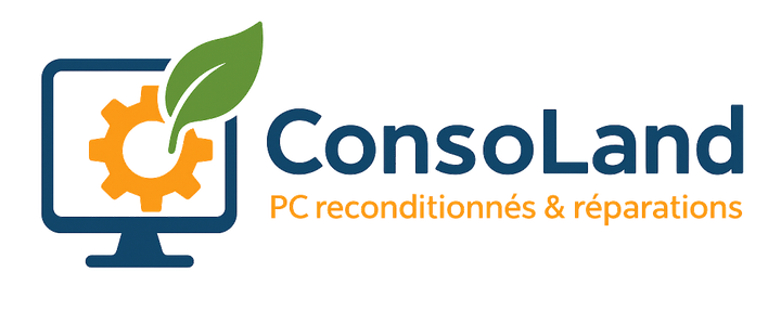 Logo : Écran d'ordinateur bleu avec engrenage et feuille