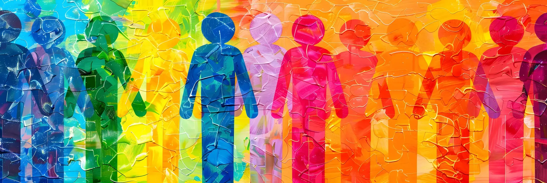 Eine farbenfrohe Illustration von silhouettenhaften Figuren, angeordnet in einem Regenbogenspektrum.
