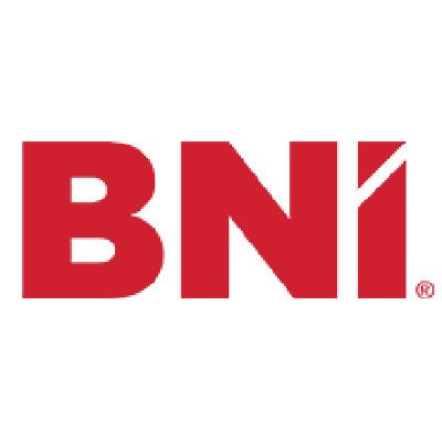 BNI-Logo in Rot: Schriftzug „BNI“ mit einem weißen diagonalen Strich auf dem „N“. Weißer Hintergrund.