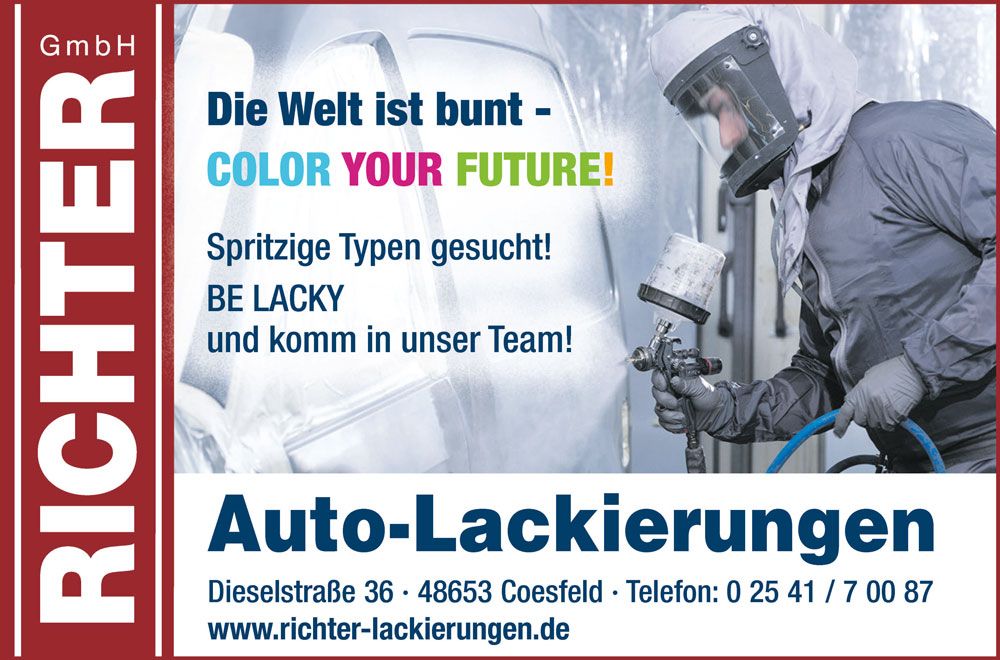 Werbung für Richter Autolackierungen. Text: „Gestalte deine Zukunft bunt!“, „Sei Lacky!“