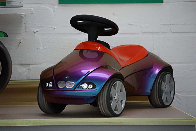 Spielzeugauto mit schillernder Lackierung, rotem Sitz und schwarzem Lenkrad. Auf einem Regal.