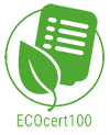 Grünes ECOcert100-Logo: Blatt und Dokument in einem Kreis, das die Bio-Zertifizierung kennzeichnet.