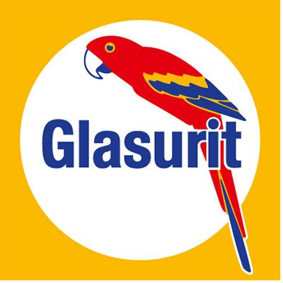 Glasurit-Logo: roter Papagei, blaue und gelbe Flügeldetails, weißer Kreis, blauer Text auf gelbem Hintergrund.
