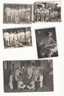 Sammlung von Vintage-Fotografien: Personen in Laborkitteln und eine schreibende Person.