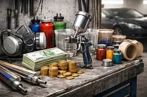 Sprühdosen, Geld und Farbtöpfe auf einer Werkbank, im Hintergrund ein Auto.
