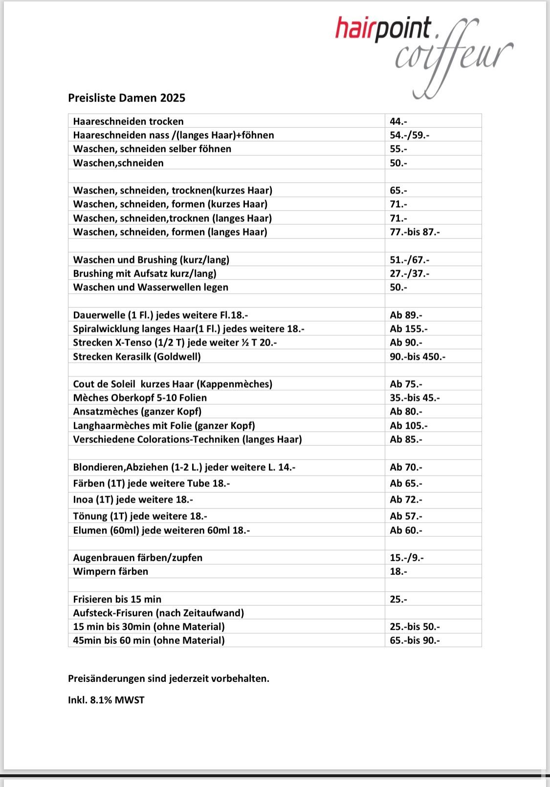 Hairpoint Coiffeur Preisliste Damen