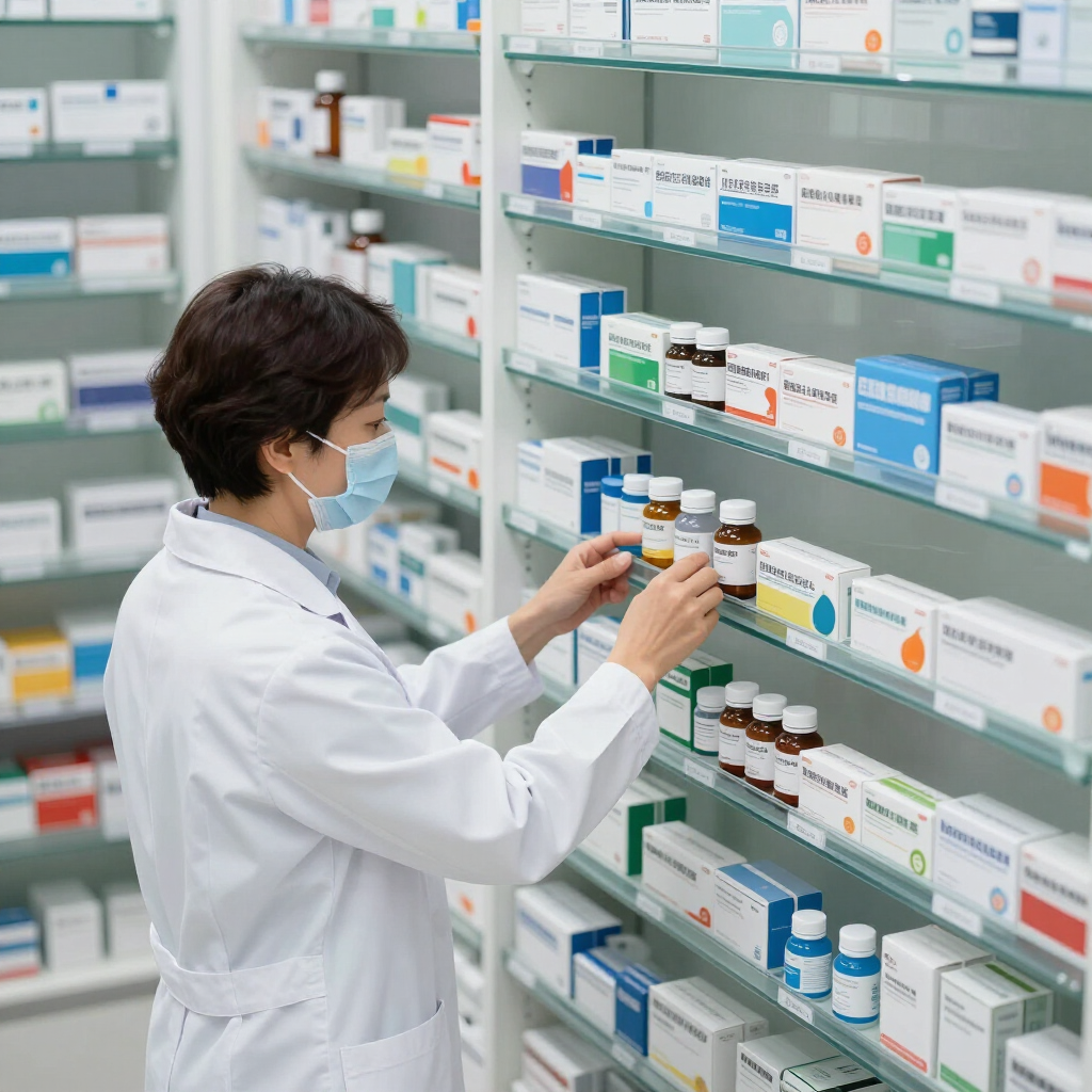Farmacéutico con bata blanca reponiendo frascos de medicamentos en los estantes de la farmacia.