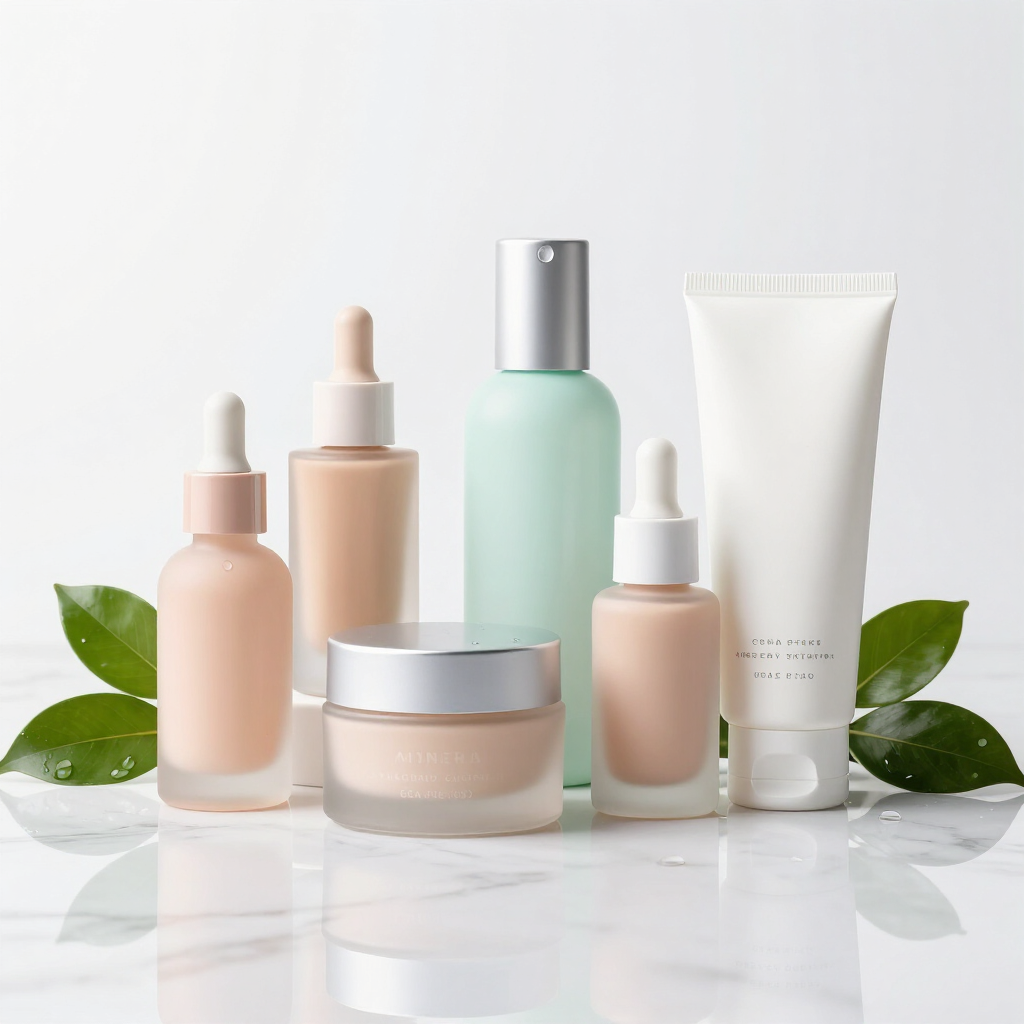 Surtido de frascos y tarros de productos para el cuidado de la piel en tonos pastel con hojas verdes sobre una superficie blanca.