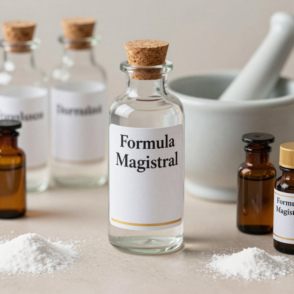 Botellas de vidrio etiquetadas como “Fórmula Magistral” junto a un mortero y una mano de mortero con polvo blanco.