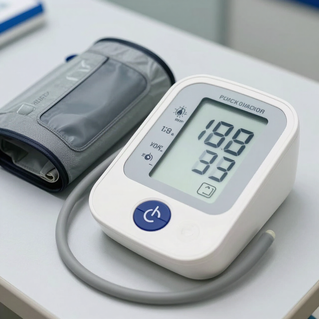 Monitor digital de presión arterial con brazalete gris que muestra las lecturas en una mesa blanca.