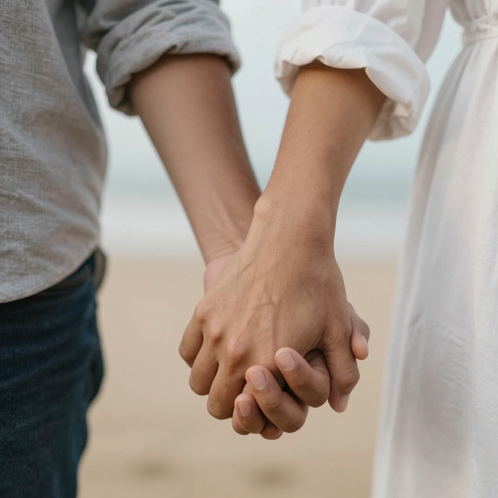 Dos personas tomadas de la mano en una playa, una con una camisa gris y la otra con una camisa blanca.