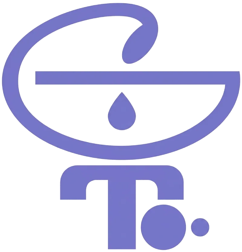 Logotipo estilizado de color púrpura con forma de cuenco, una gota, la letra "T" y un punto debajo.