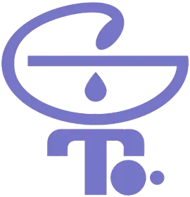 Logotipo estilizado de color p&uacute;rpura con forma de cuenco, una gota, la letra "T" y un punto debajo.