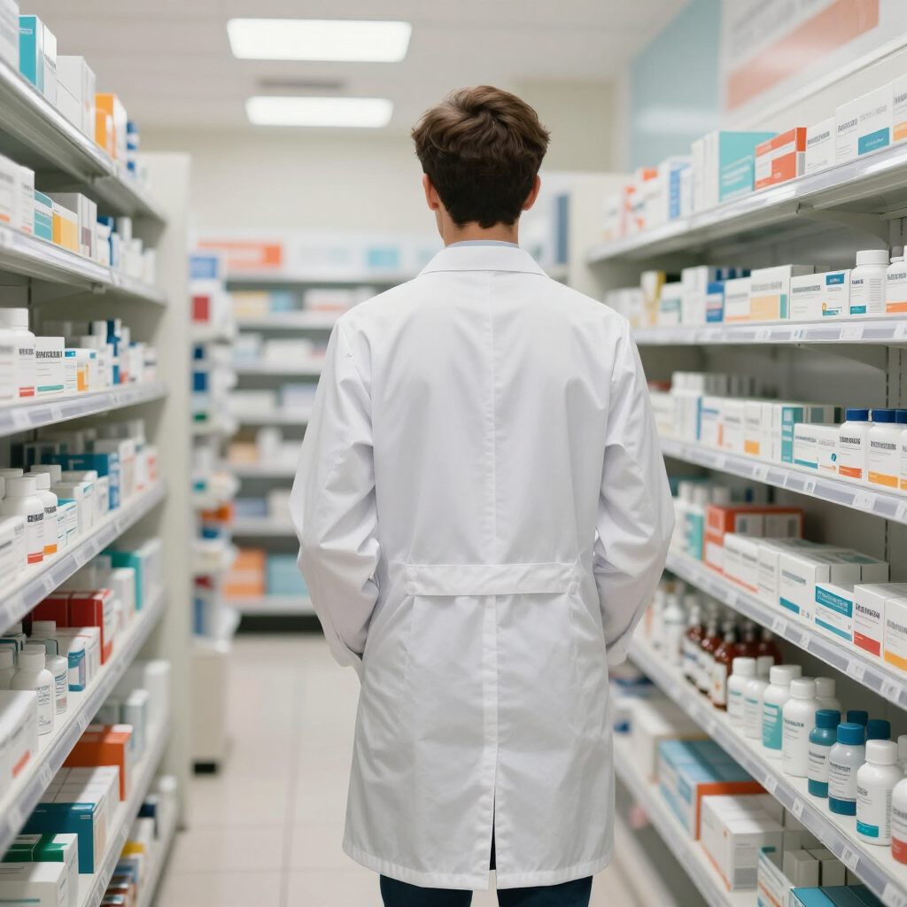 Farmacéutico con bata blanca de pie en un pasillo de farmacia repleto de estantes de medicamentos.