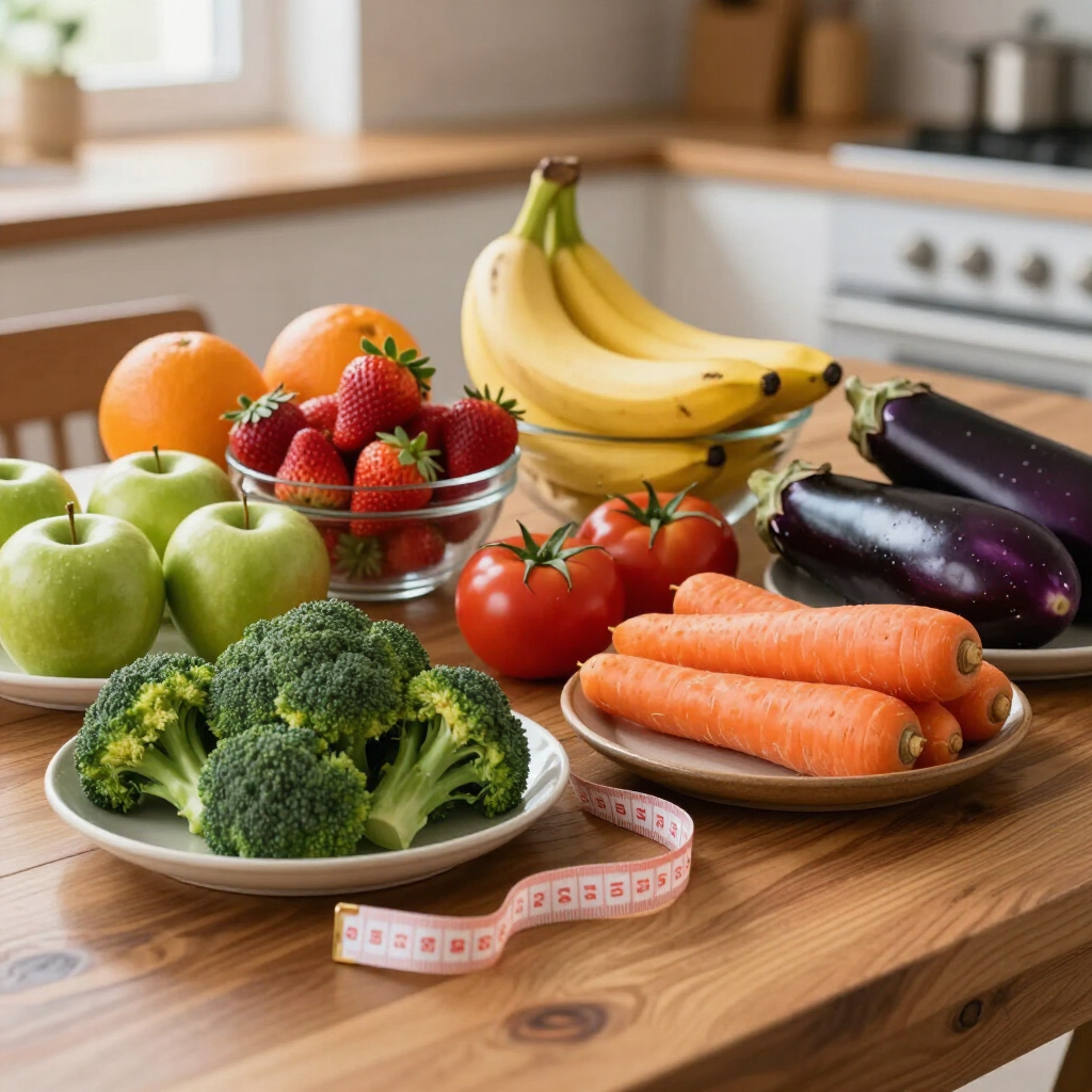 Variedad de frutas y verduras frescas sobre la encimera de la cocina, incluyendo plátanos, manzanas, bayas, brócoli, zanahorias y berenjenas.