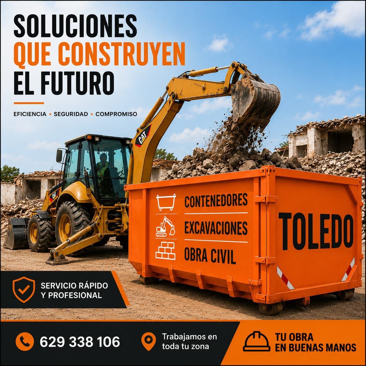 Publicidad de Toledo: excavadora cargando escombros en un contenedor naranja de obra civil.