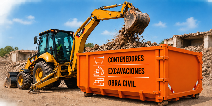 Una retroexcavadora amarilla vierte escombros en un contenedor naranja de obra.