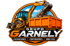 Logotipo de Grupo GARNELY con una excavadora descargando en un contenedor naranja, para trabajos de excavaci&oacute;n y obra civil