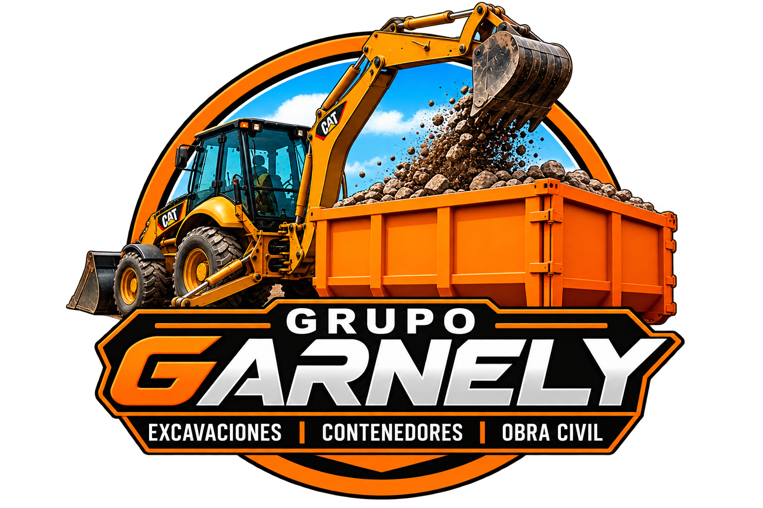 Logotipo de Grupo GARNELY con una excavadora descargando en un contenedor naranja, para trabajos de excavación y obra civil