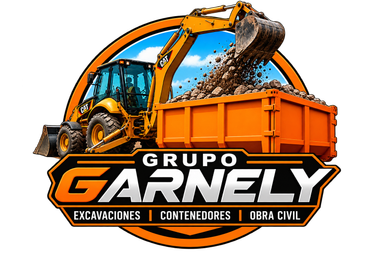 Logotipo de Grupo GARNELY con una excavadora descargando en un contenedor naranja, para trabajos de excavaci&oacute;n y obra civil