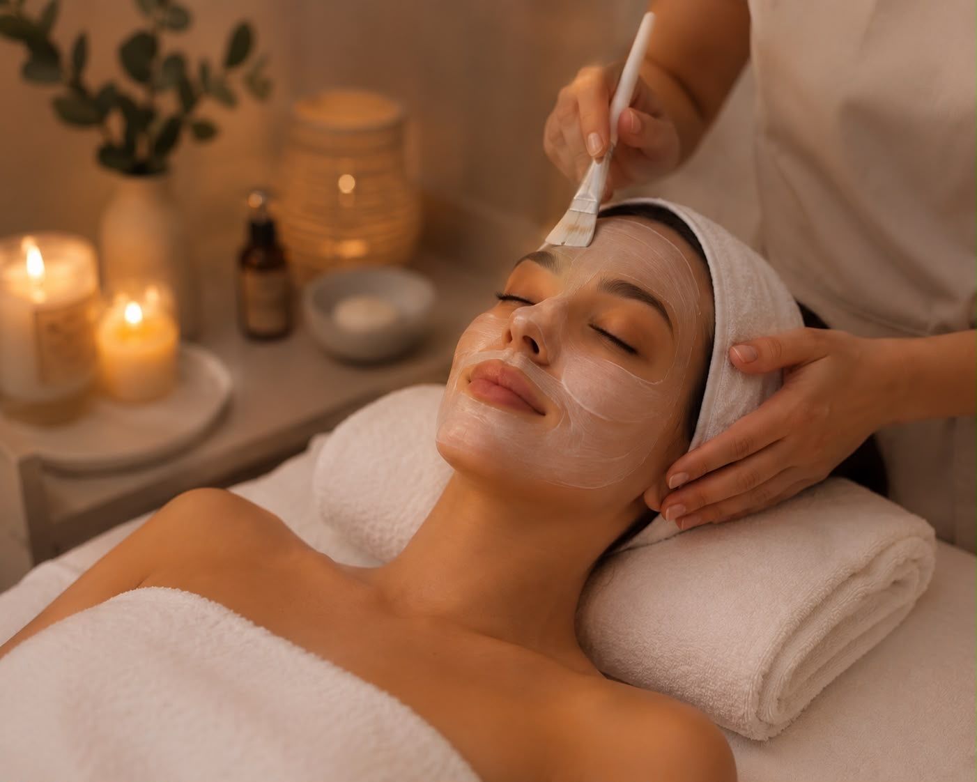 Une personne recevant un soin du visage avec des patchs pour les yeux, allongée sur un lit, enveloppée dans une serviette.