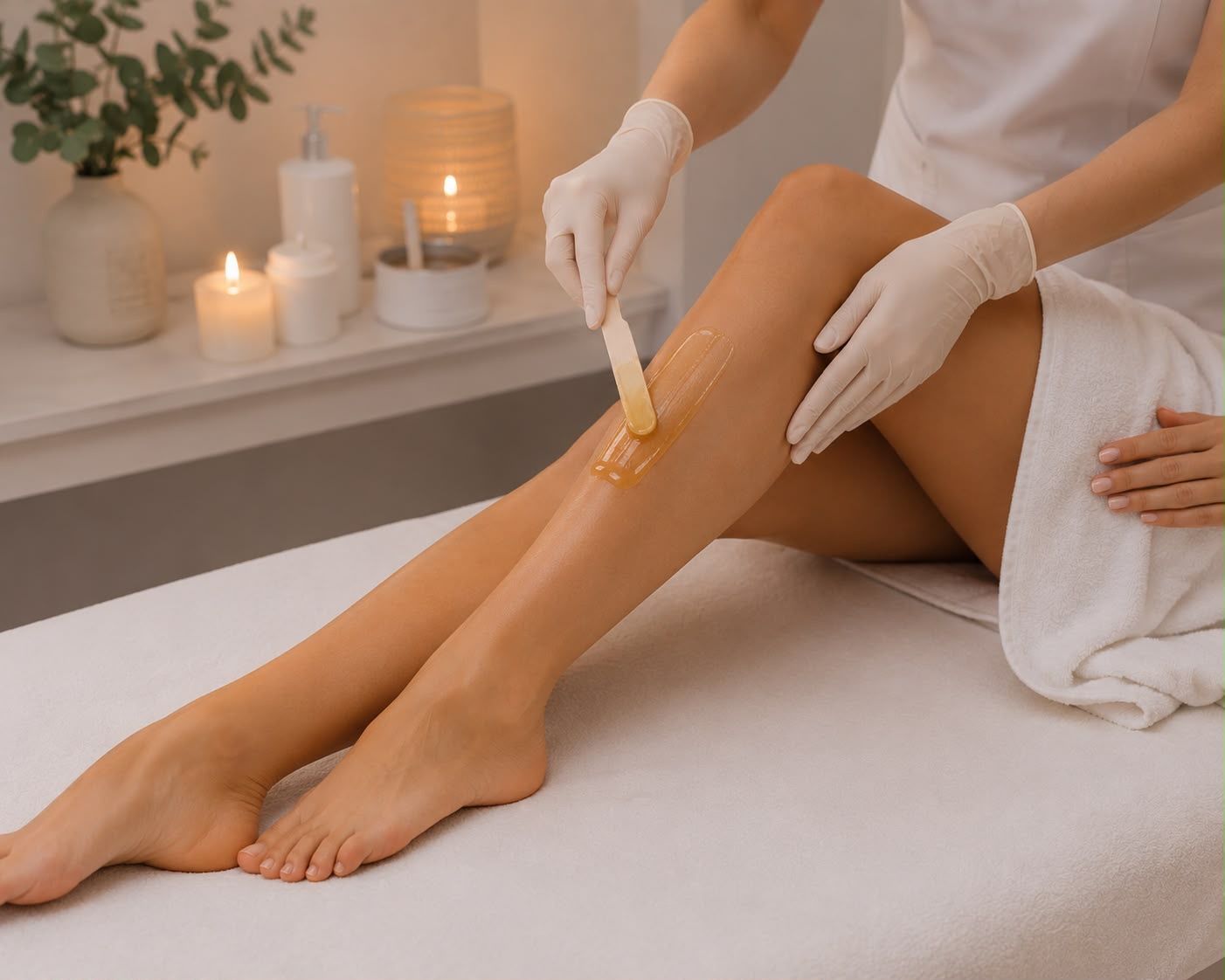 Main gantée épilant la jambe d'une cliente dans une cabine de soin spa.