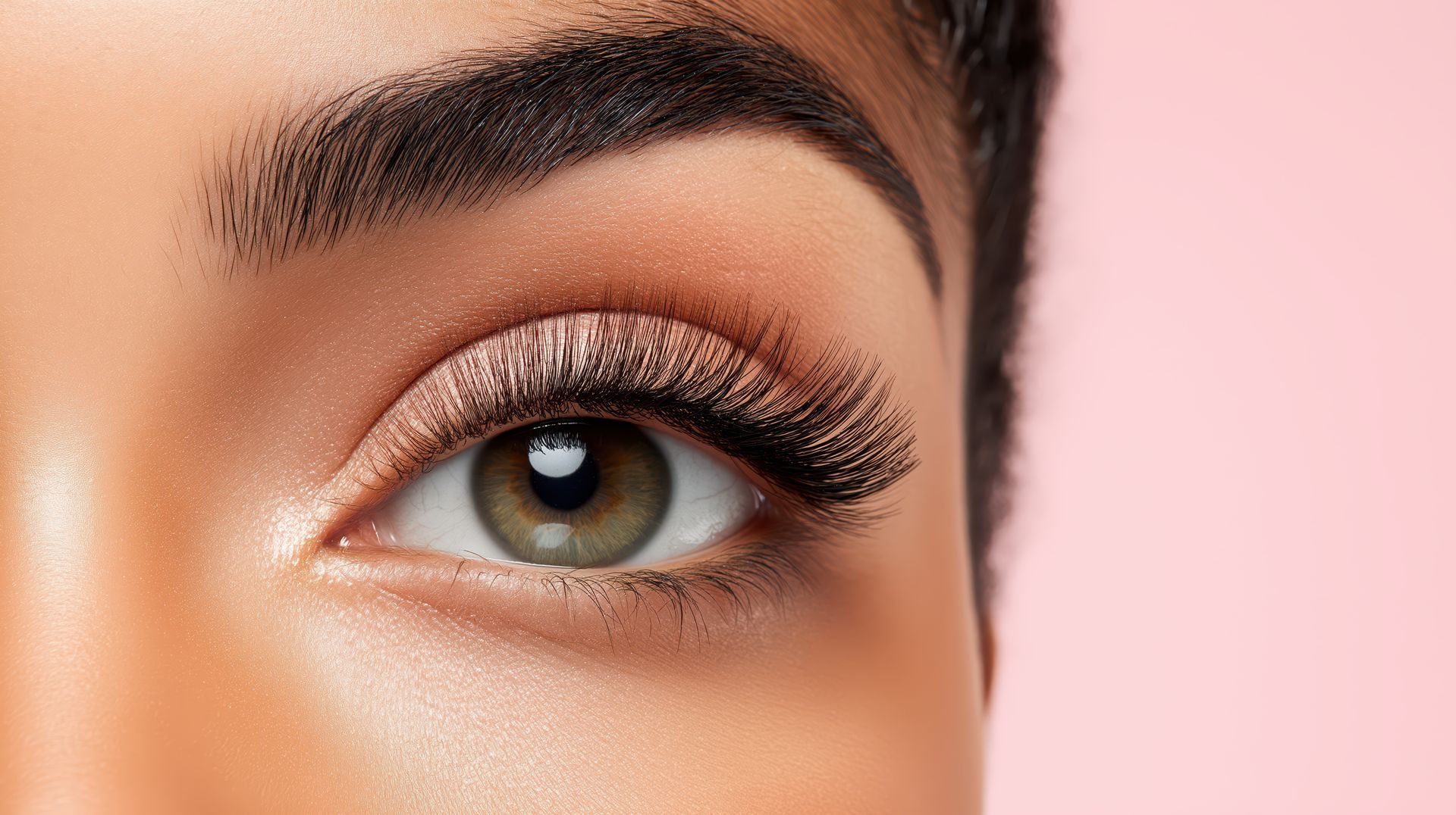Gros plan d'un œil humain aux longs cils et au maquillage scintillant sur fond rose.