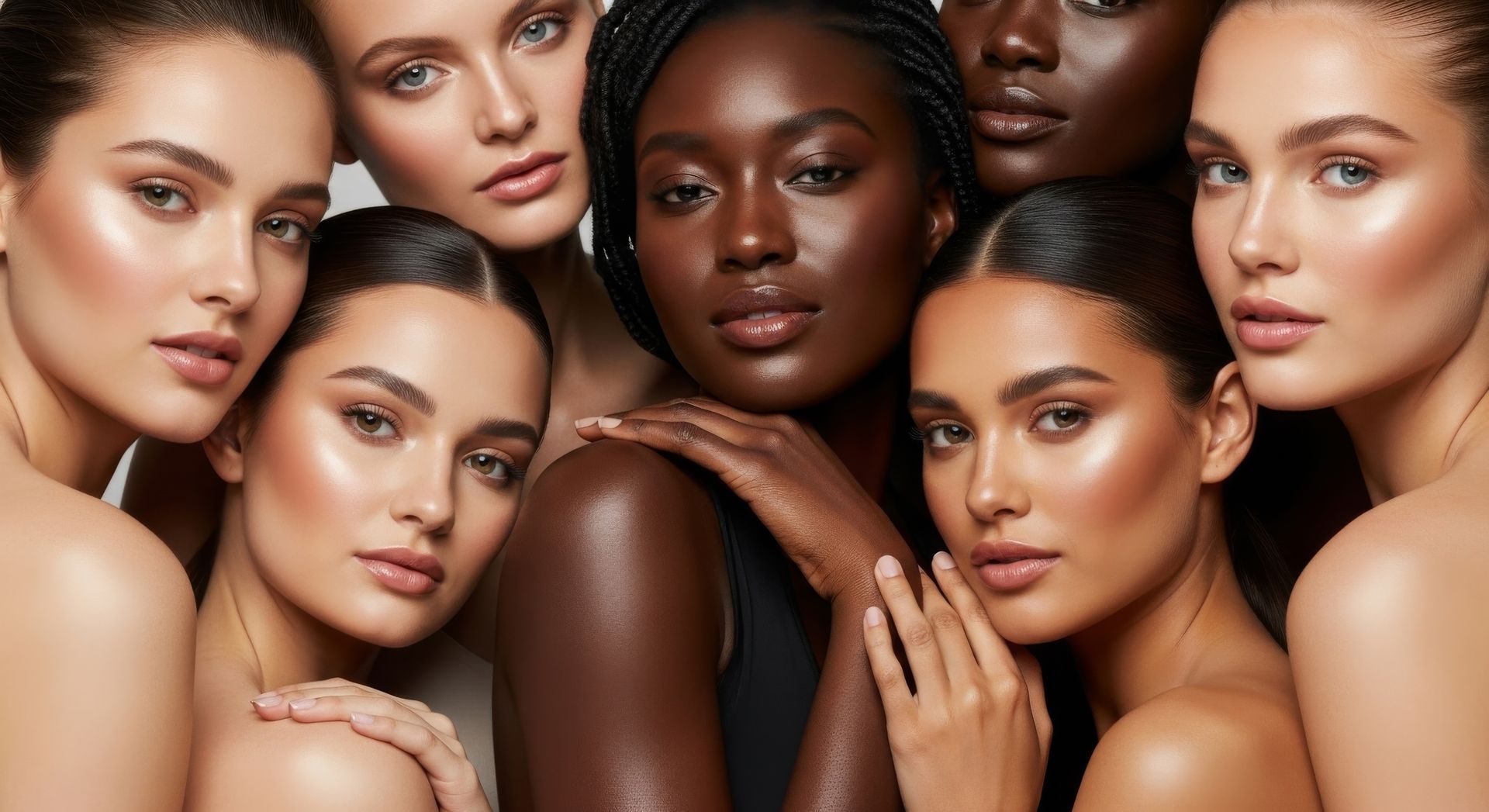 Gros plan sur six mannequins posant ensemble, maquillage naturel et épaules dénudées, sous une douce lumière de studio.
