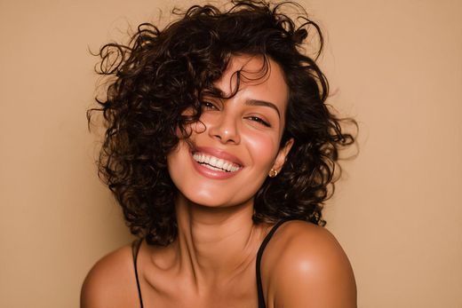 Personne souriante aux cheveux noirs bouclés sur fond beige.
