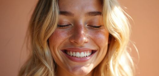 Gros plan d'un visage souriant aux yeux fermés, baigné d'une douce lumière sur un fond pêche.