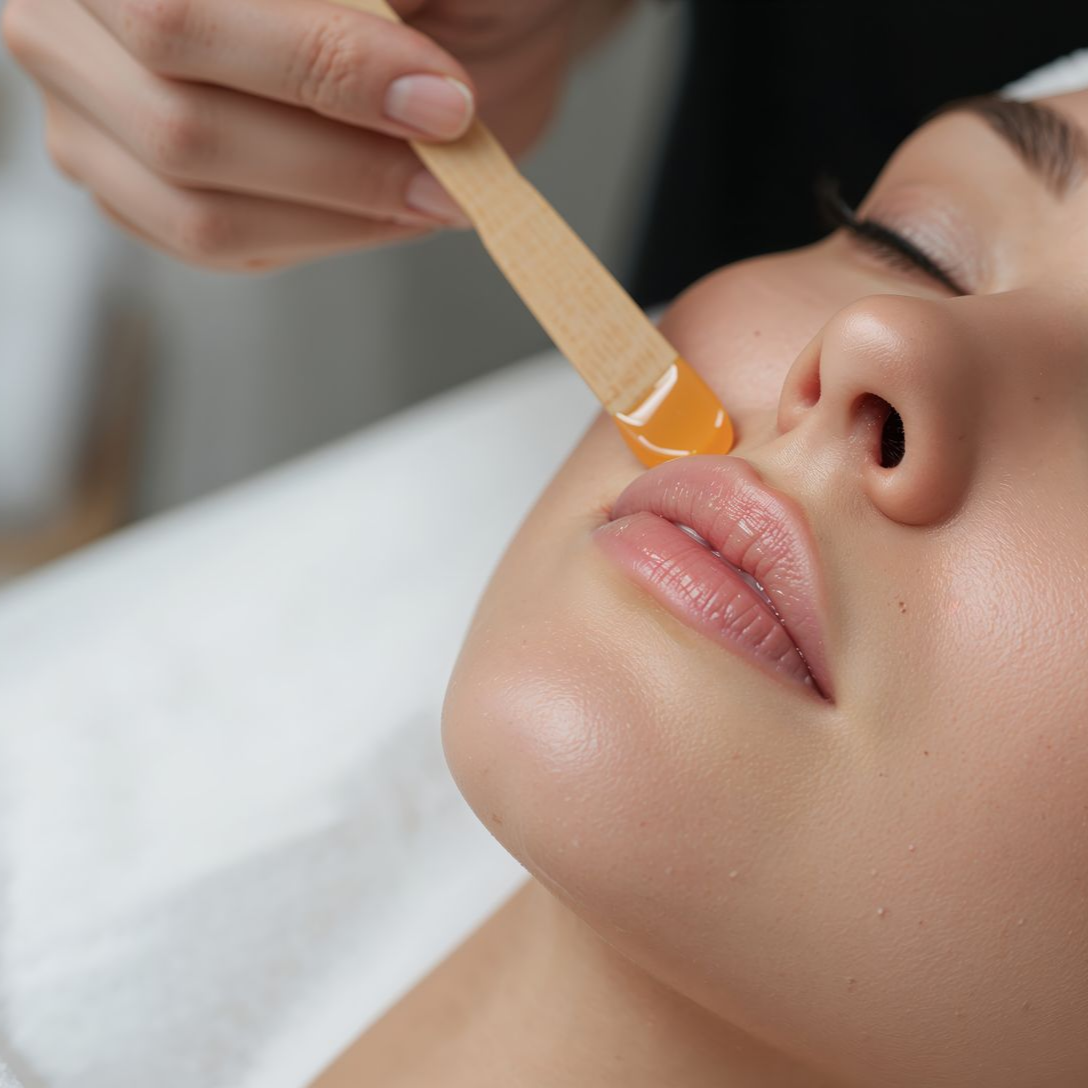 Épilation du visage à la cire orange avec une spatule en bois sur la lèvre supérieure.