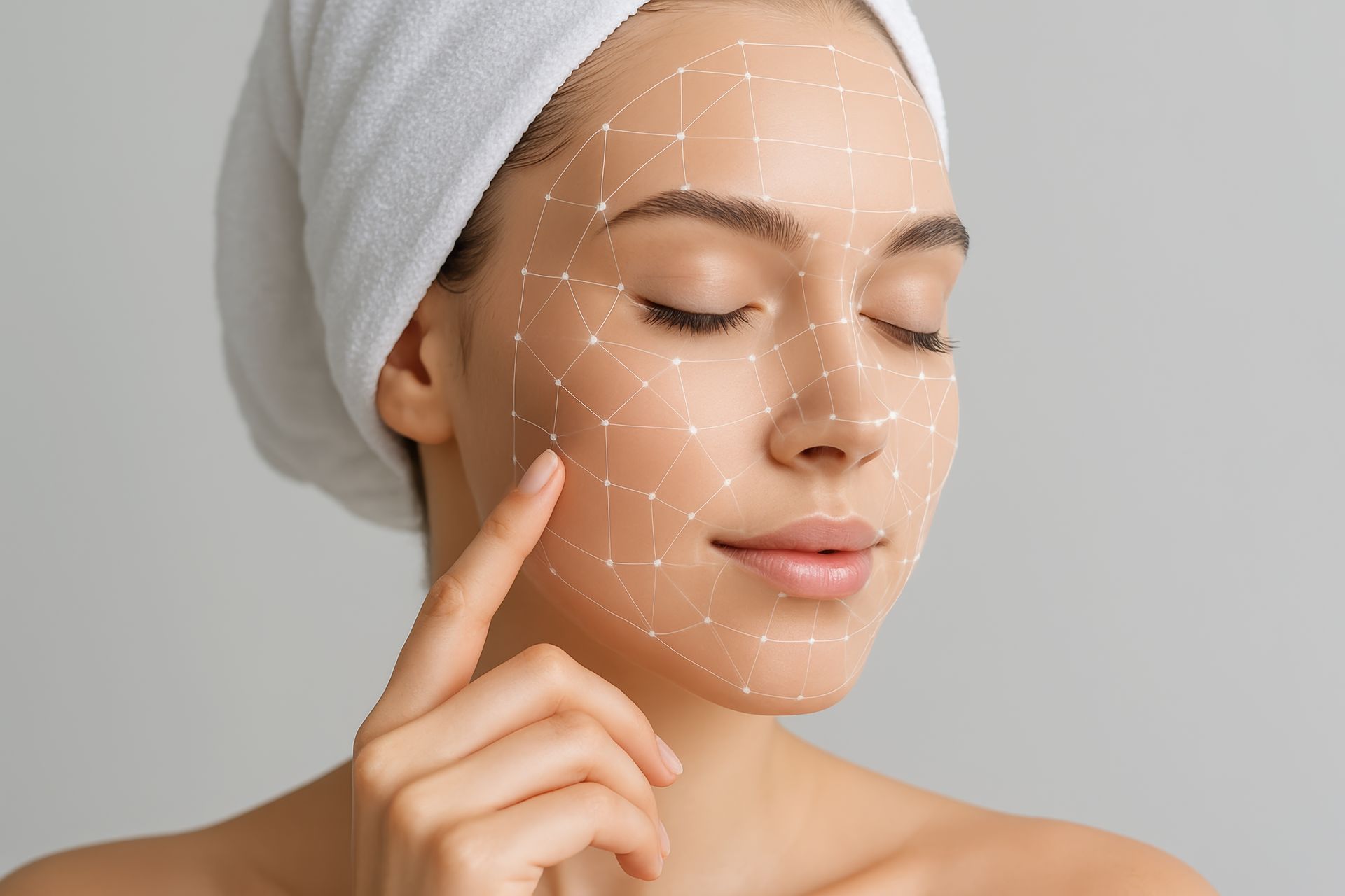 Femme avec une serviette blanche enroulée autour de la tête appliquant une crème de soin sur sa joue.
