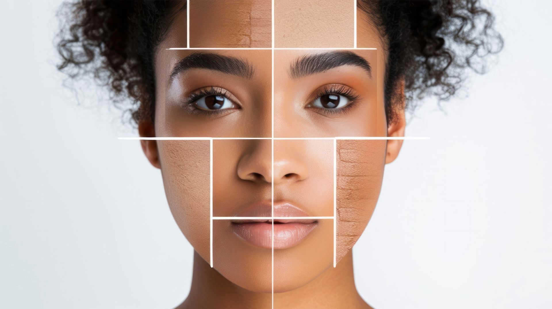 Gros plan d'un visage avec une grille de teintes de peau pour l'harmonisation des nuances de maquillage.