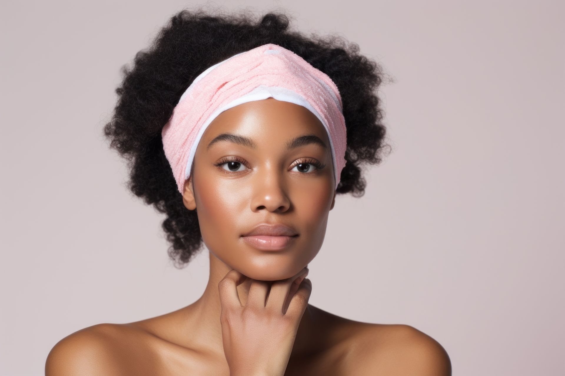 Portrait d'une personne aux cheveux naturels et portant un bandeau rose, le menton appuyé sur une main, sur fond clair.