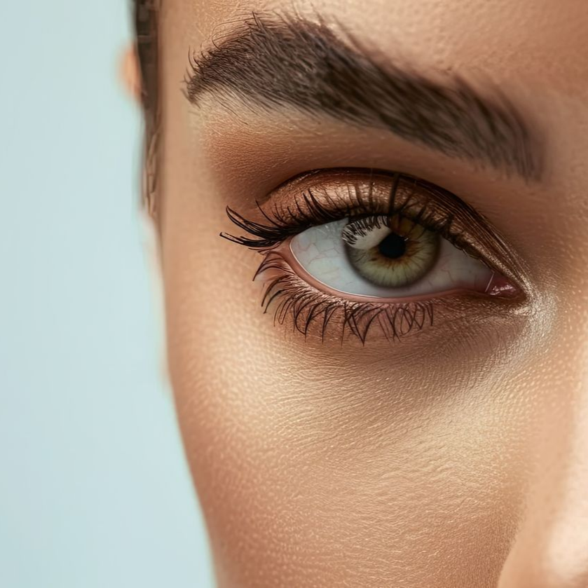 Gros plan d'un œil marron aux longs cils, sourcils arqués et maquillage aux tons chauds sur un fond bleu clair.